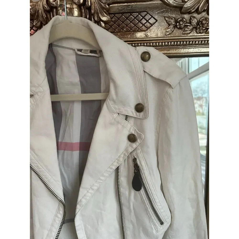 Burberry Brit Patchford Parchment Linen Moto Biker Full Zip Belted Jacket Size 4 - Picture 3 of 14